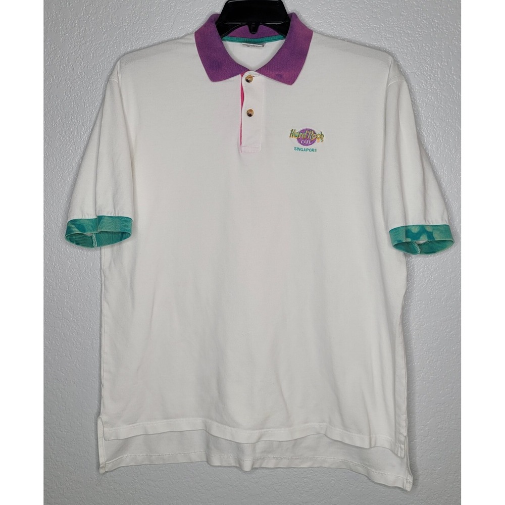 Hard Rock Cafe Singapore Polo Tshirt 90s White Purple Teal Pink Xl Bleached Out‎